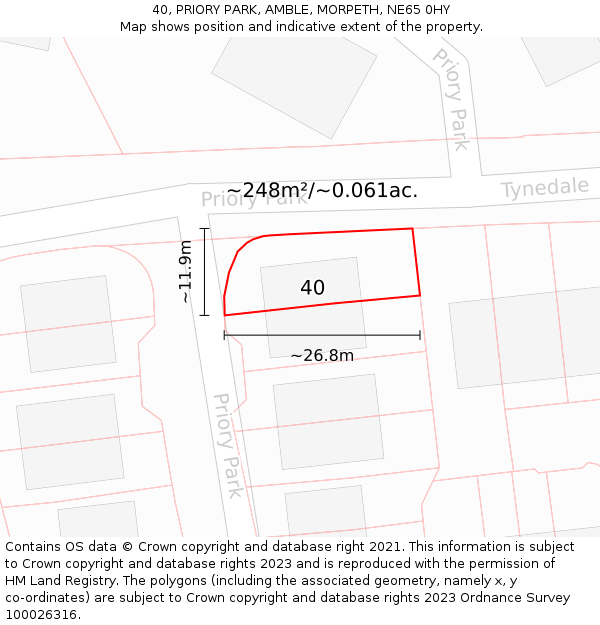 40, PRIORY PARK, AMBLE, MORPETH, NE65 0HY: Plot and title map