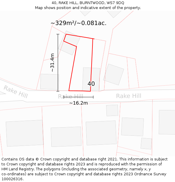 40, RAKE HILL, BURNTWOOD, WS7 9DQ: Plot and title map