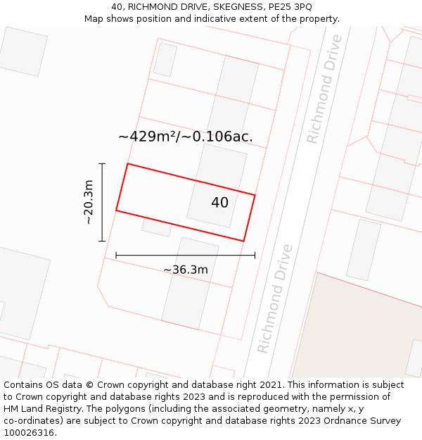 40, RICHMOND DRIVE, SKEGNESS, PE25 3PQ: Plot and title map