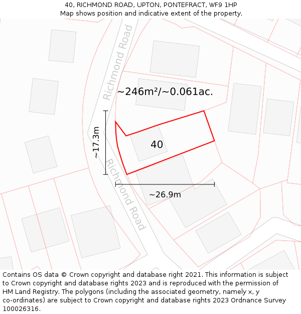 40, RICHMOND ROAD, UPTON, PONTEFRACT, WF9 1HP: Plot and title map