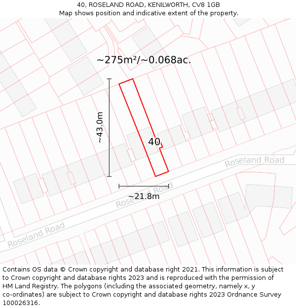 40, ROSELAND ROAD, KENILWORTH, CV8 1GB: Plot and title map