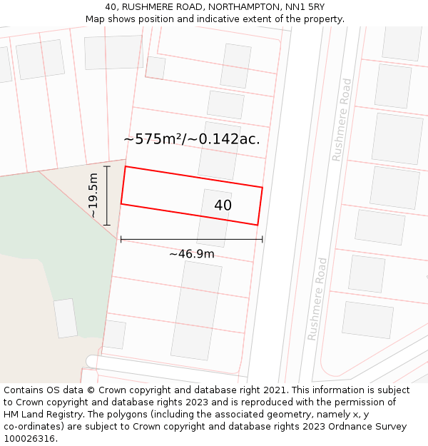 40, RUSHMERE ROAD, NORTHAMPTON, NN1 5RY: Plot and title map