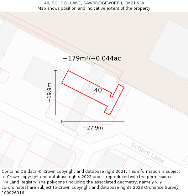 40, SCHOOL LANE, SAWBRIDGEWORTH, CM21 9FA: Plot and title map