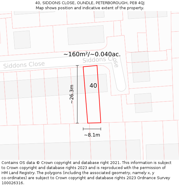 40, SIDDONS CLOSE, OUNDLE, PETERBOROUGH, PE8 4QJ: Plot and title map
