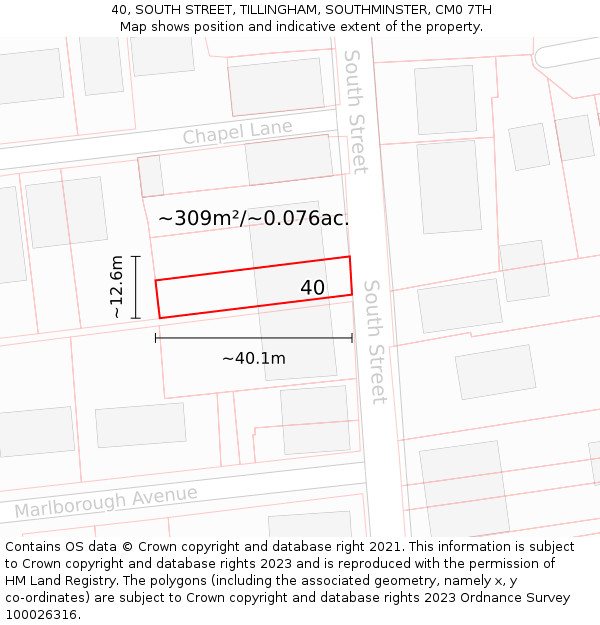 40, SOUTH STREET, TILLINGHAM, SOUTHMINSTER, CM0 7TH: Plot and title map