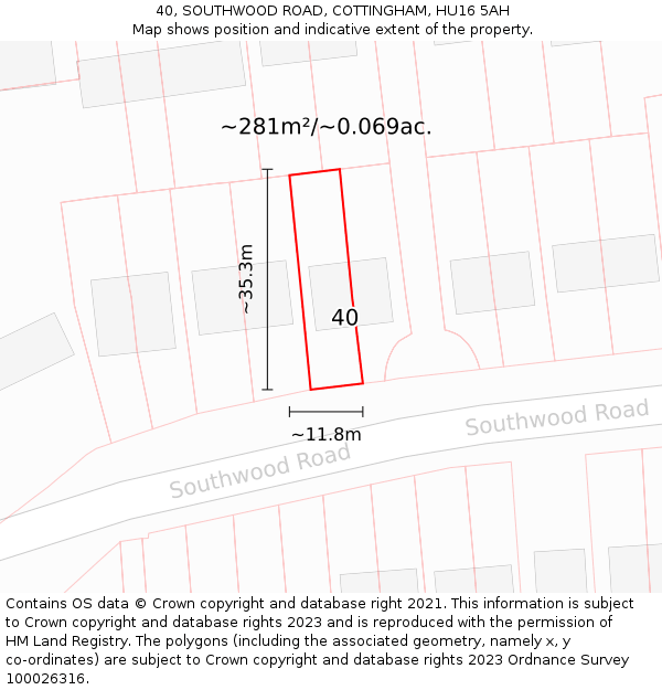 40, SOUTHWOOD ROAD, COTTINGHAM, HU16 5AH: Plot and title map