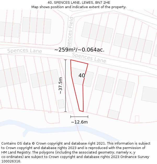 40, SPENCES LANE, LEWES, BN7 2HE: Plot and title map