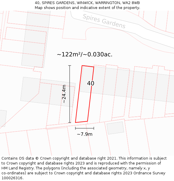 40, SPIRES GARDENS, WINWICK, WARRINGTON, WA2 8WB: Plot and title map