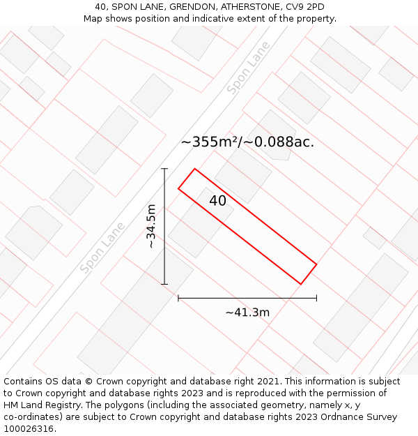 40, SPON LANE, GRENDON, ATHERSTONE, CV9 2PD: Plot and title map