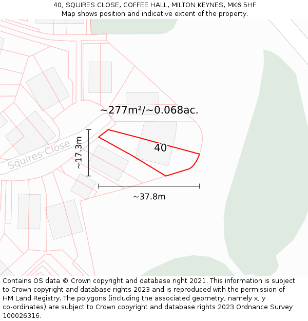 40, SQUIRES CLOSE, COFFEE HALL, MILTON KEYNES, MK6 5HF: Plot and title map