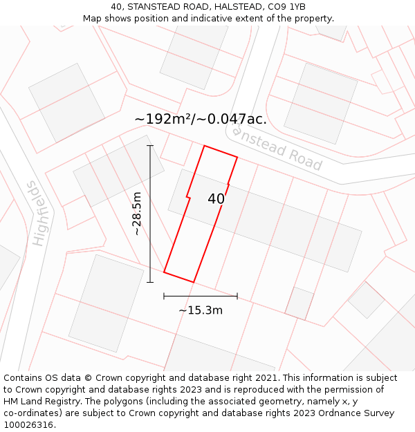 40, STANSTEAD ROAD, HALSTEAD, CO9 1YB: Plot and title map