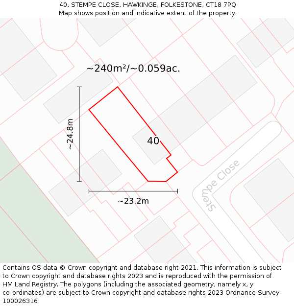 40, STEMPE CLOSE, HAWKINGE, FOLKESTONE, CT18 7PQ: Plot and title map