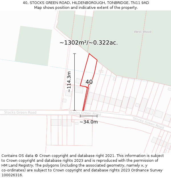 40, STOCKS GREEN ROAD, HILDENBOROUGH, TONBRIDGE, TN11 9AD: Plot and title map