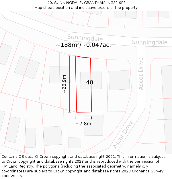 40, SUNNINGDALE, GRANTHAM, NG31 9PF: Plot and title map