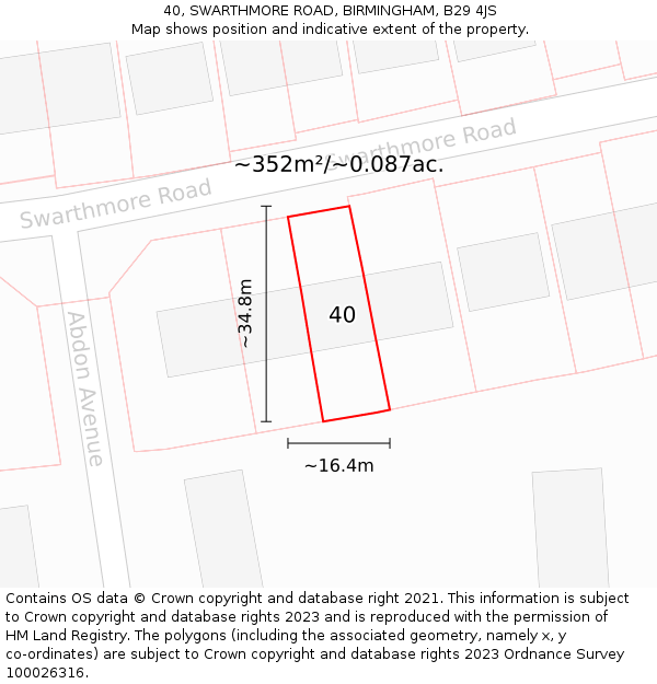 40, SWARTHMORE ROAD, BIRMINGHAM, B29 4JS: Plot and title map