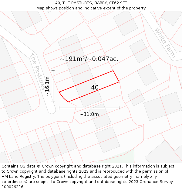 40, THE PASTURES, BARRY, CF62 9ET: Plot and title map