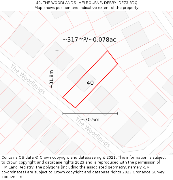 40, THE WOODLANDS, MELBOURNE, DERBY, DE73 8DQ: Plot and title map