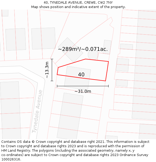 40, TYNEDALE AVENUE, CREWE, CW2 7NY: Plot and title map