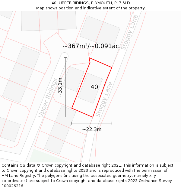 40, UPPER RIDINGS, PLYMOUTH, PL7 5LD: Plot and title map