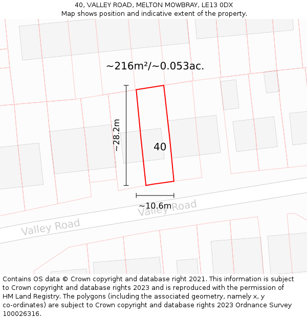 40, VALLEY ROAD, MELTON MOWBRAY, LE13 0DX: Plot and title map