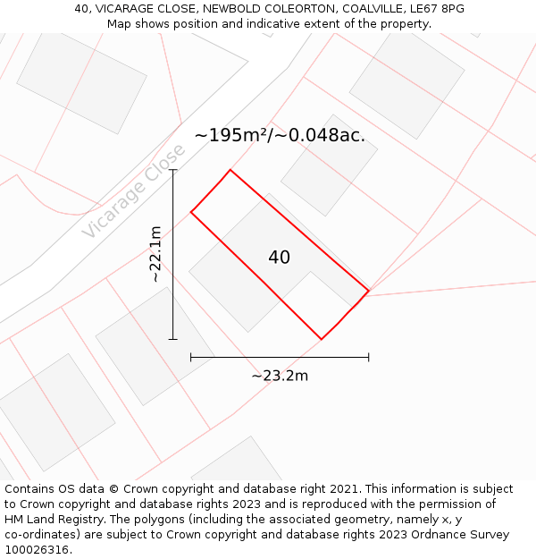 40, VICARAGE CLOSE, NEWBOLD COLEORTON, COALVILLE, LE67 8PG: Plot and title map