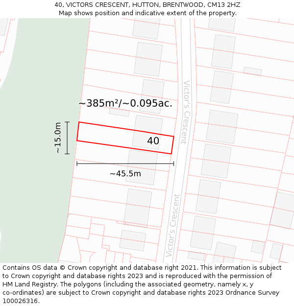 40, VICTORS CRESCENT, HUTTON, BRENTWOOD, CM13 2HZ: Plot and title map