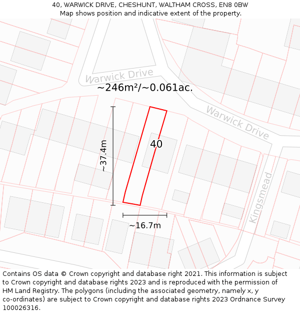 40, WARWICK DRIVE, CHESHUNT, WALTHAM CROSS, EN8 0BW: Plot and title map