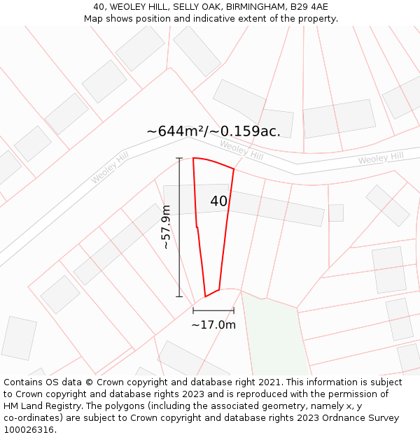 40, WEOLEY HILL, SELLY OAK, BIRMINGHAM, B29 4AE: Plot and title map