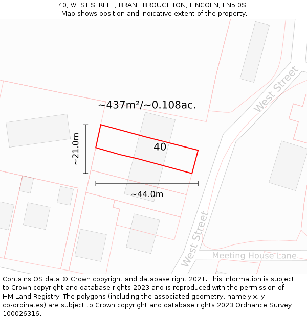 40, WEST STREET, BRANT BROUGHTON, LINCOLN, LN5 0SF: Plot and title map