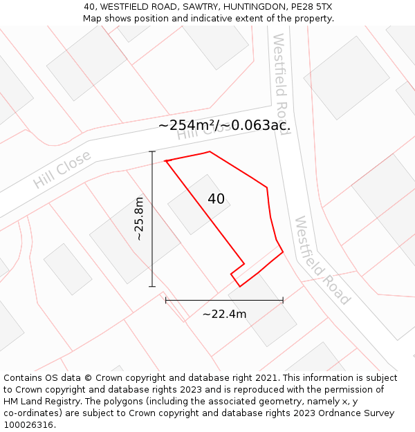 40, WESTFIELD ROAD, SAWTRY, HUNTINGDON, PE28 5TX: Plot and title map