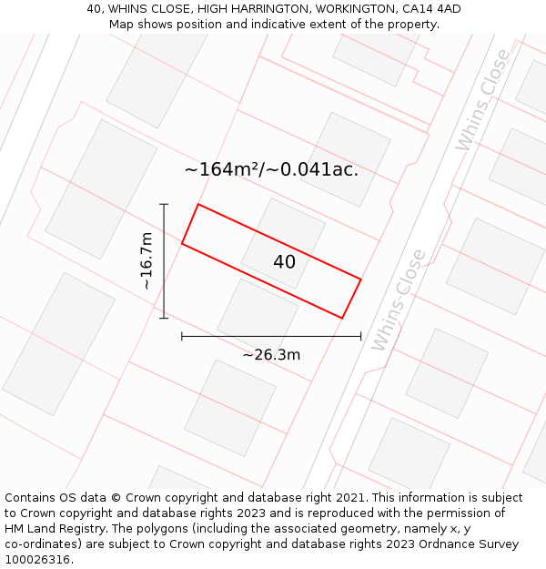 40, WHINS CLOSE, HIGH HARRINGTON, WORKINGTON, CA14 4AD: Plot and title map