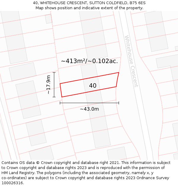 40, WHITEHOUSE CRESCENT, SUTTON COLDFIELD, B75 6ES: Plot and title map