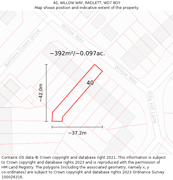 40, WILLOW WAY, RADLETT, WD7 8DY: Plot and title map