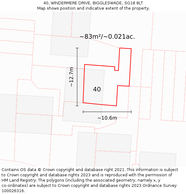40, WINDERMERE DRIVE, BIGGLESWADE, SG18 8LT: Plot and title map