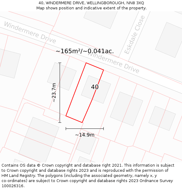 40, WINDERMERE DRIVE, WELLINGBOROUGH, NN8 3XQ: Plot and title map