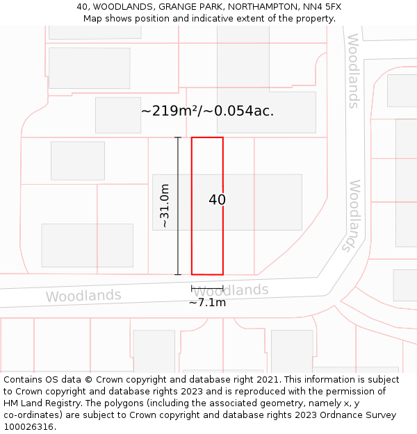 40, WOODLANDS, GRANGE PARK, NORTHAMPTON, NN4 5FX: Plot and title map