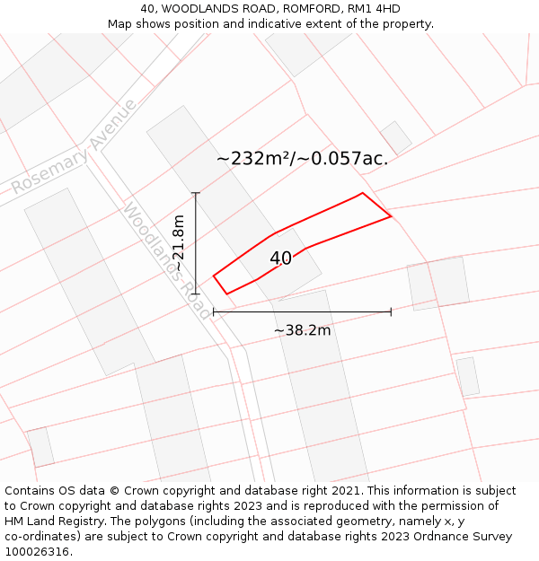 40, WOODLANDS ROAD, ROMFORD, RM1 4HD: Plot and title map