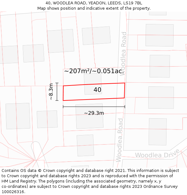 40, WOODLEA ROAD, YEADON, LEEDS, LS19 7BL: Plot and title map