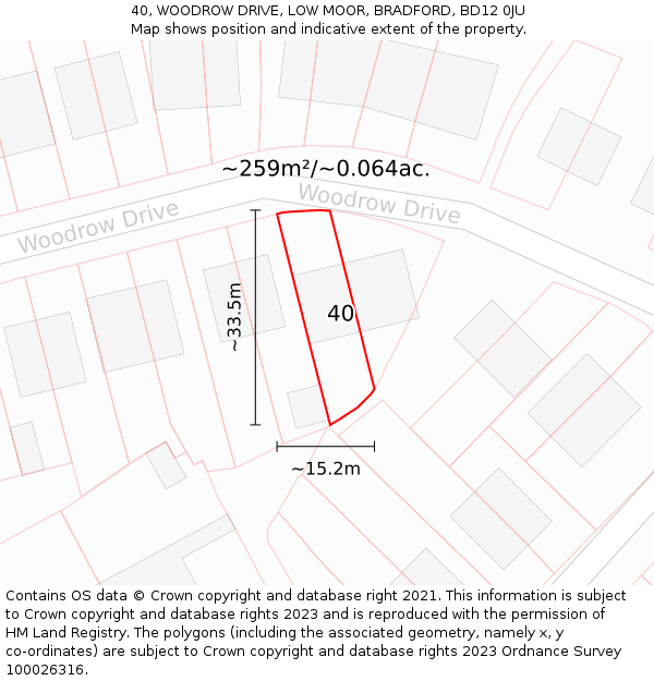 40, WOODROW DRIVE, LOW MOOR, BRADFORD, BD12 0JU: Plot and title map