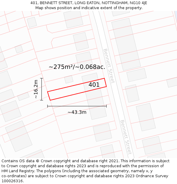 401, BENNETT STREET, LONG EATON, NOTTINGHAM, NG10 4JE: Plot and title map