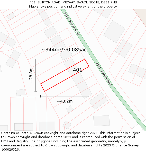 401, BURTON ROAD, MIDWAY, SWADLINCOTE, DE11 7NB: Plot and title map