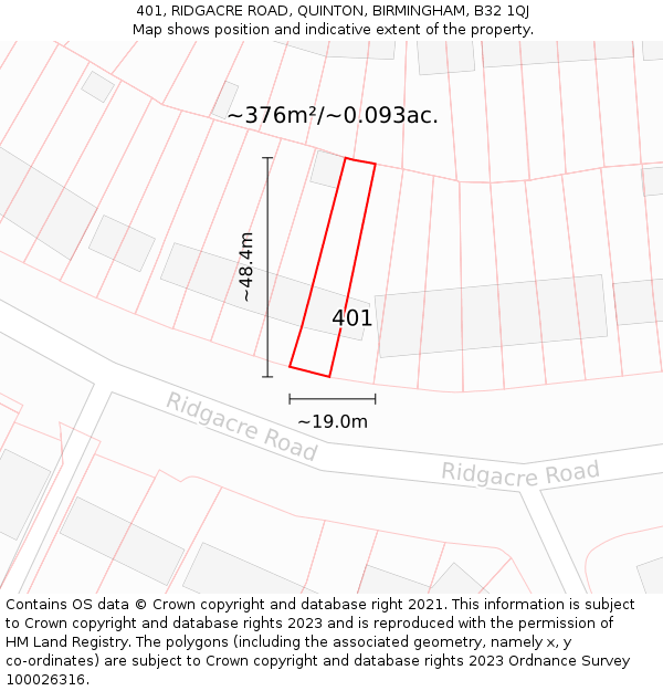 401, RIDGACRE ROAD, QUINTON, BIRMINGHAM, B32 1QJ: Plot and title map