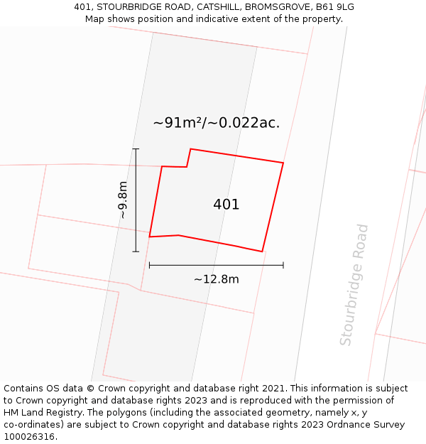 401, STOURBRIDGE ROAD, CATSHILL, BROMSGROVE, B61 9LG: Plot and title map