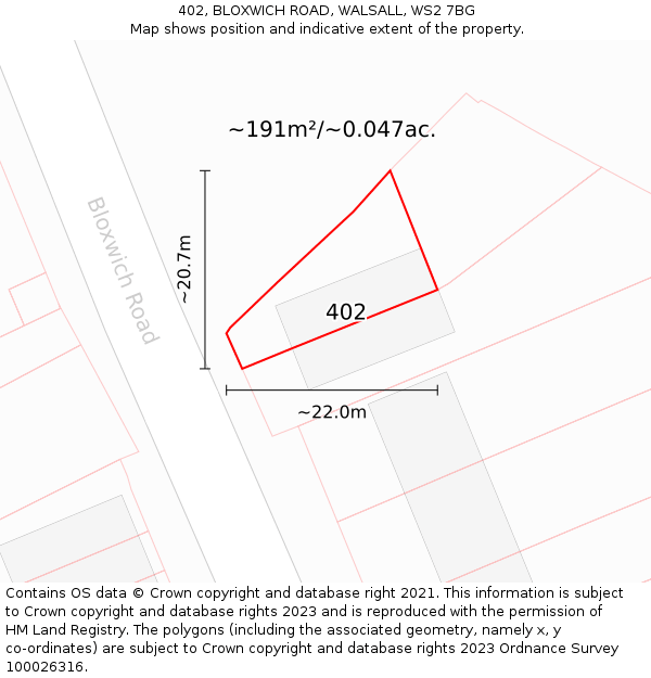 402, BLOXWICH ROAD, WALSALL, WS2 7BG: Plot and title map