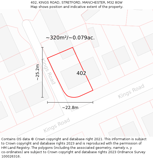 402, KINGS ROAD, STRETFORD, MANCHESTER, M32 8GW: Plot and title map