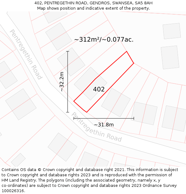 402, PENTREGETHIN ROAD, GENDROS, SWANSEA, SA5 8AH: Plot and title map