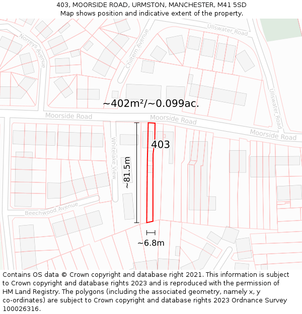 403, MOORSIDE ROAD, URMSTON, MANCHESTER, M41 5SD: Plot and title map