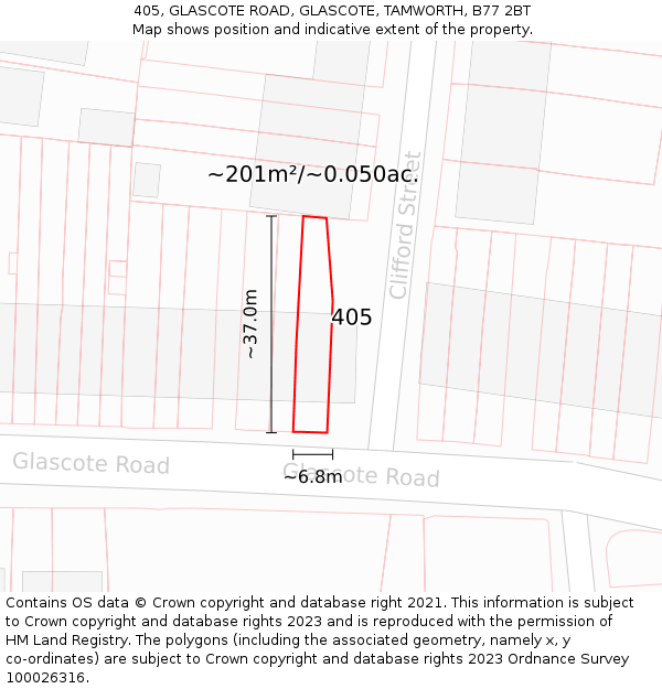 405, GLASCOTE ROAD, GLASCOTE, TAMWORTH, B77 2BT: Plot and title map