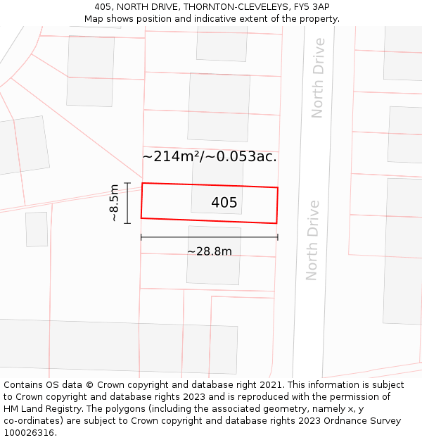 405, NORTH DRIVE, THORNTON-CLEVELEYS, FY5 3AP: Plot and title map