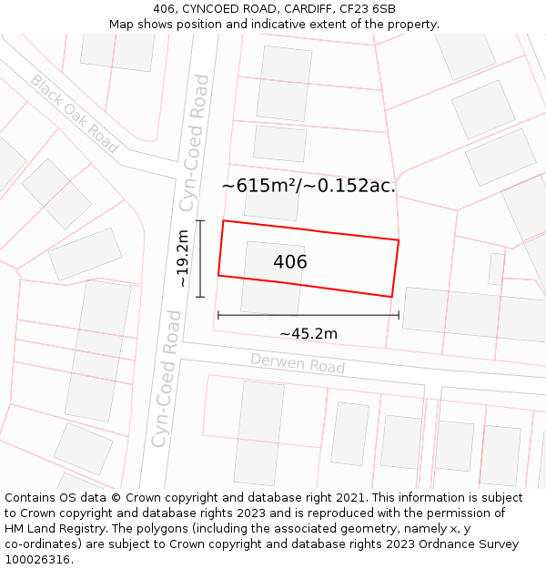 406, CYNCOED ROAD, CARDIFF, CF23 6SB: Plot and title map